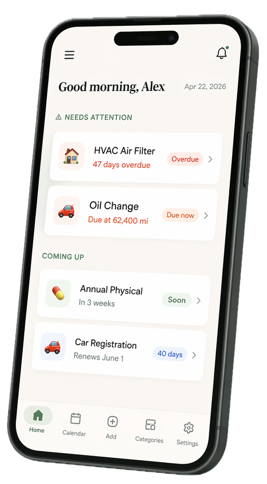 KoviHub app showing home, car, and health maintenance reminders